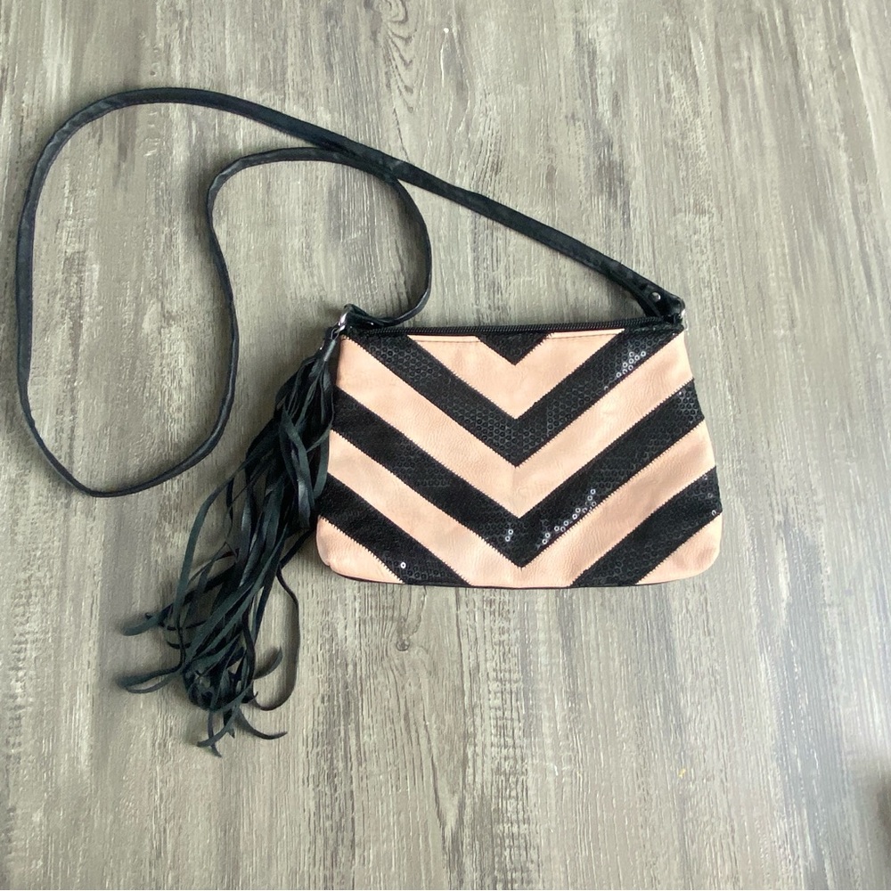 Pink and Black Crossbody Sequin Purse Zip Closure Black Hardware